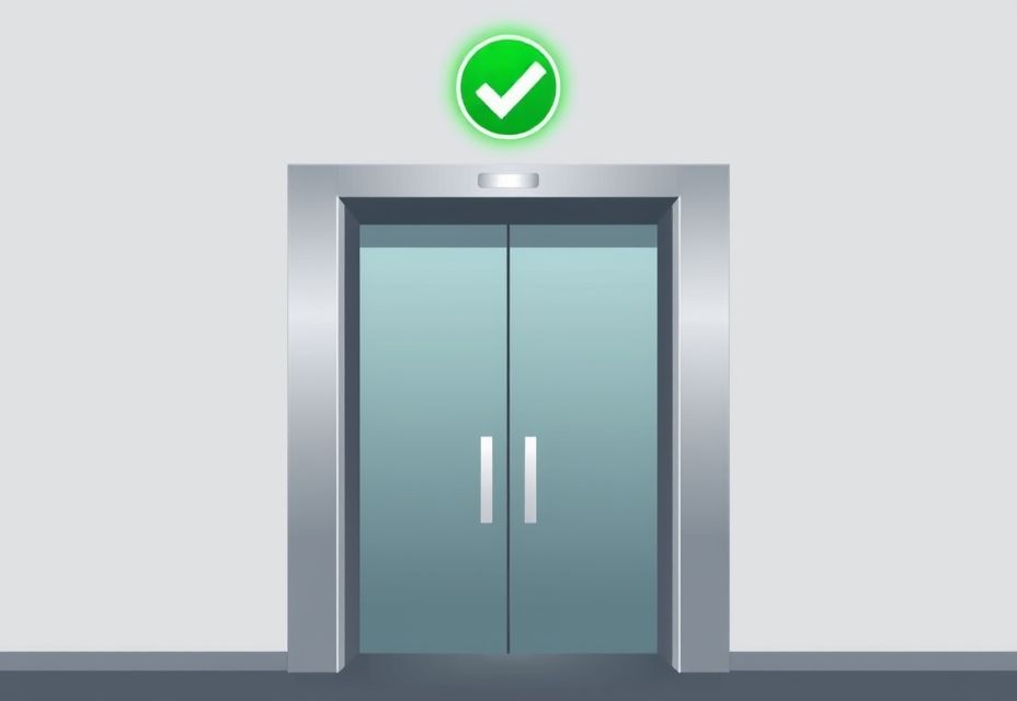 An illustration of a modern elevator with a green check sign, showing this sign shows when a lift is safe to use, in a simple vector style.