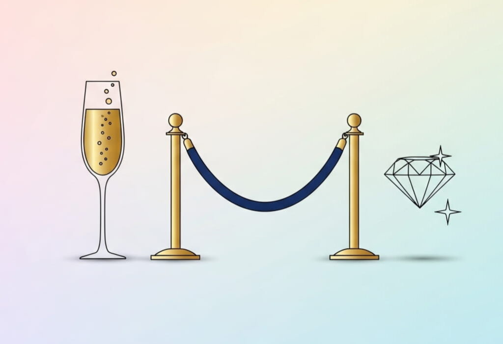 Minimalist vector illustration showing abstract luxury symbols like champagne, velvet rope, and diamond, representing types of exclusive lifestyle events.