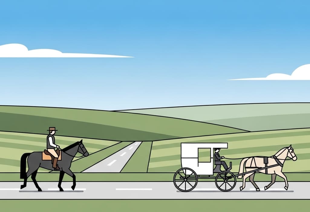 Vector illustration of a horse rider and a horse-and-buggy on a rural road, representing unusual DUI cases in certain states.