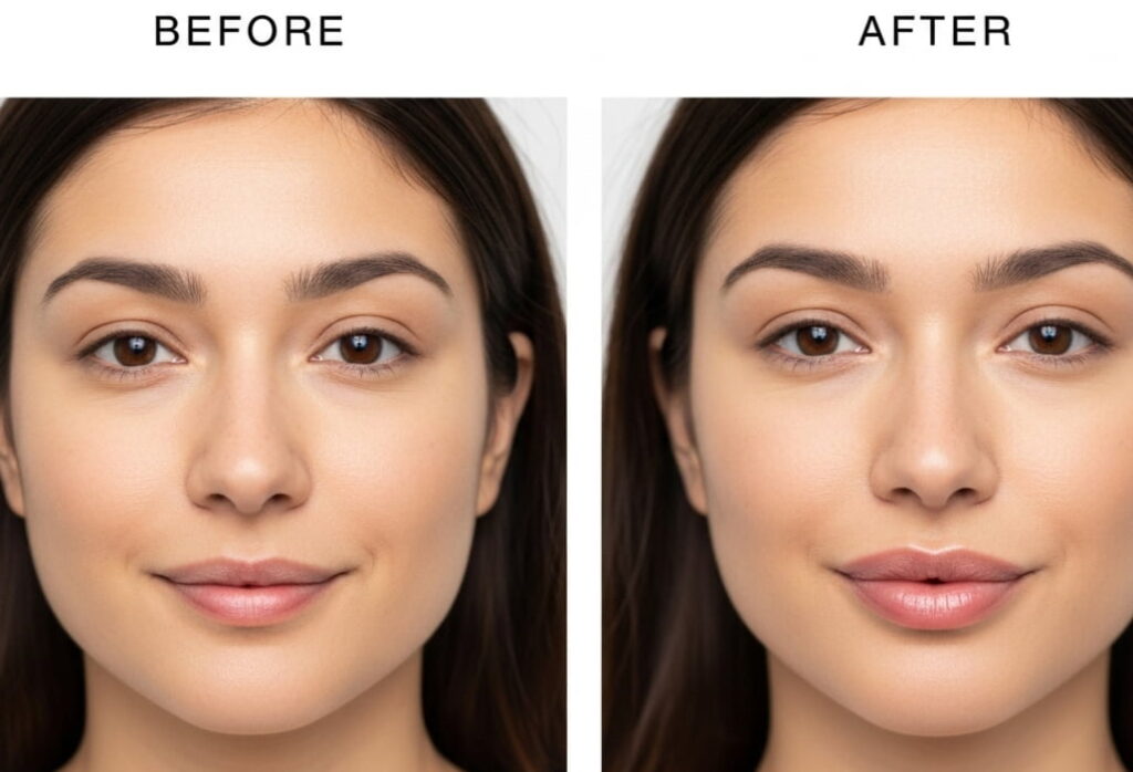 A side-by-side "before and after" image of a woman's face demonstrating the results of a Lip Flip procedure. The "BEFORE" side shows her natural lips, which are thinner. The "AFTER" side shows her upper lip looking fuller and more defined, achieved by relaxing the muscles around the mouth.