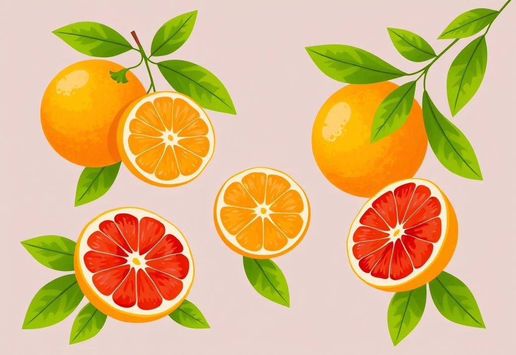 A colorful vector illustration showing different types of oranges, including navel, sumo, and blood oranges, arranged with green leaves in a creative style — perfect for answering the question when are oranges in season.