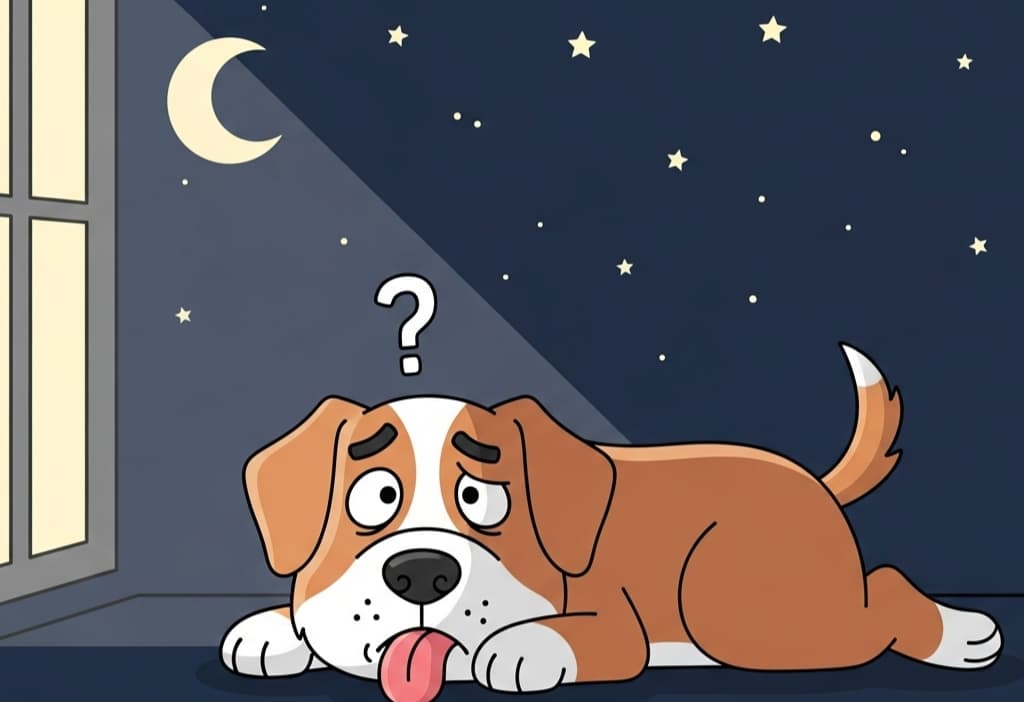 Vector illustration of a dog panting at night, looking confused with moon and stars in the background
