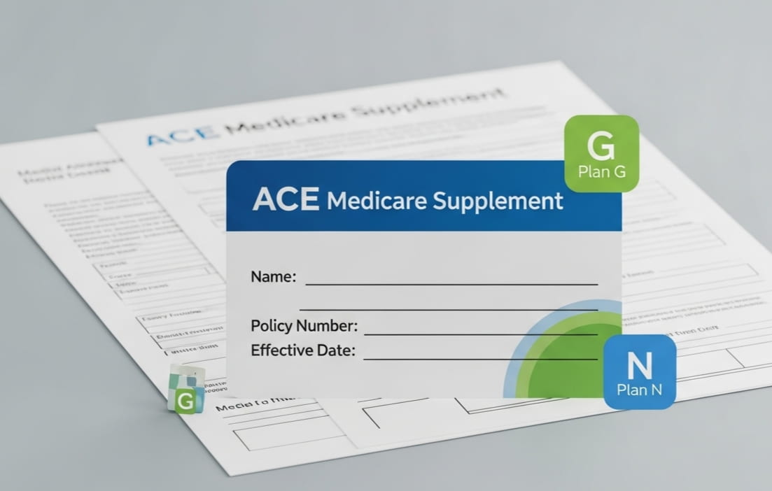 ACE Medicare Supplement insurance plans for seniors including Plan G and Plan N, showing coverage options and healthcare forms.
