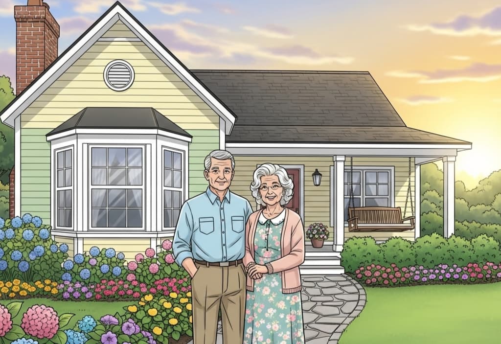 Illustration of a small Adult Family Home with a well-kept garden and an elderly couple standing in front, representing safe and supportive housing financed through an AFH loan.