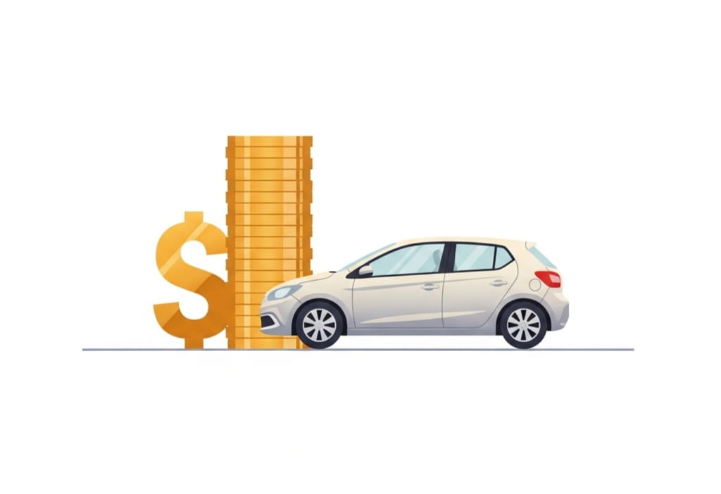 Illustration of a car beside coins representing an auto equity loan and vehicle financing concept.