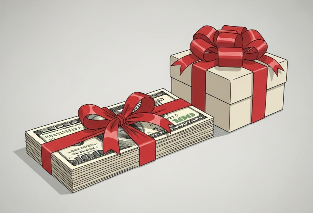 Stack of cash with red ribbon and a small gift box representing Christmas loans and holiday finances.