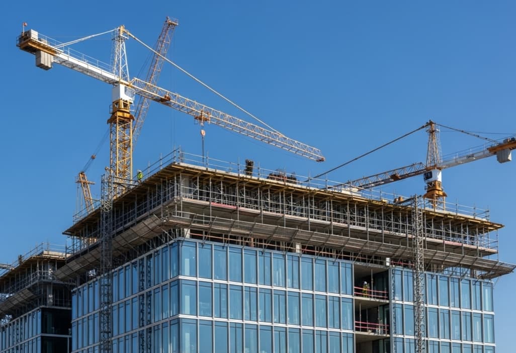 Commercial construction loan concept showing an office building under construction with cranes and scaffolding