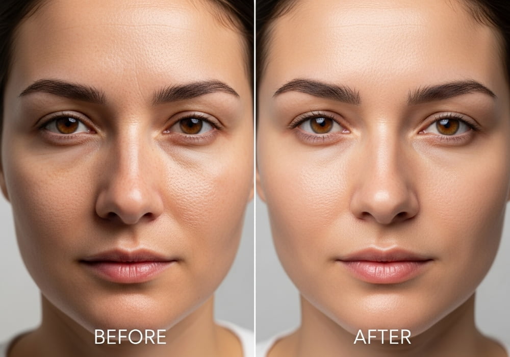 Microneedling before and after comparison showing a woman’s face with smoother texture, reduced pores, and brighter skin under natural light.
