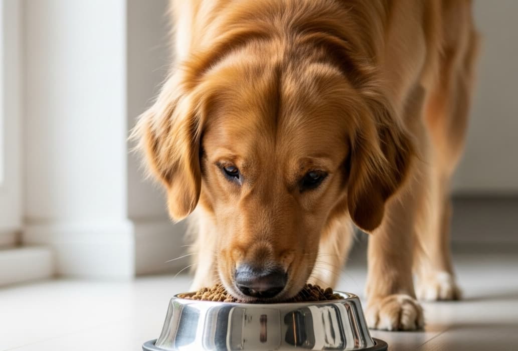 Wide-angle photo of a golden retriever eating lamb and rice dog food from a bowl on a kitchen floor.