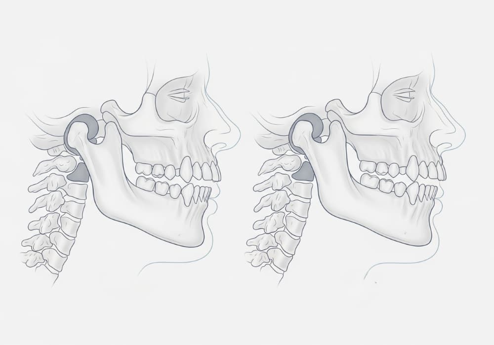 Simple medical illustration showing before and after jaw alignment from orthognathic surgery.