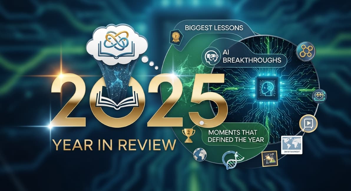 A futuristic digital graphic for a '2025 Year in Review' featuring large gold numbers and high-tech imagery. The design includes a glowing circuit board with an AI head icon, a cloud containing an atom and a book, and text labels for 'AI Breakthroughs,' 'Biggest Lessons,' and 'Moments That Defined the Year' surrounded by scientific and global icons.