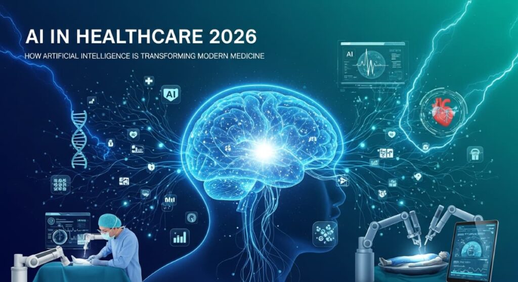 Digital illustration titled 'AI IN HEALTHCARE 2026', featuring a glowing brain, robotic surgery, DNA helix, and medical data icons.