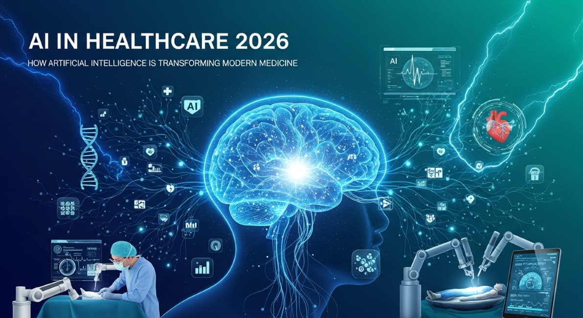Digital illustration titled 'AI IN HEALTHCARE 2026', featuring a glowing brain, robotic surgery, DNA helix, and medical data icons.