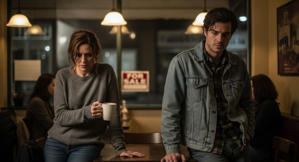 Nancy Wheeler and Jonathan Byers looking sad and distant in a diner with a 'For Sale' sign in the background, suggesting a relationship breakup.