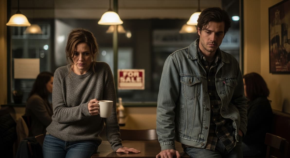 Nancy Wheeler and Jonathan Byers looking sad and distant in a diner with a 'For Sale' sign in the background, suggesting a relationship breakup.