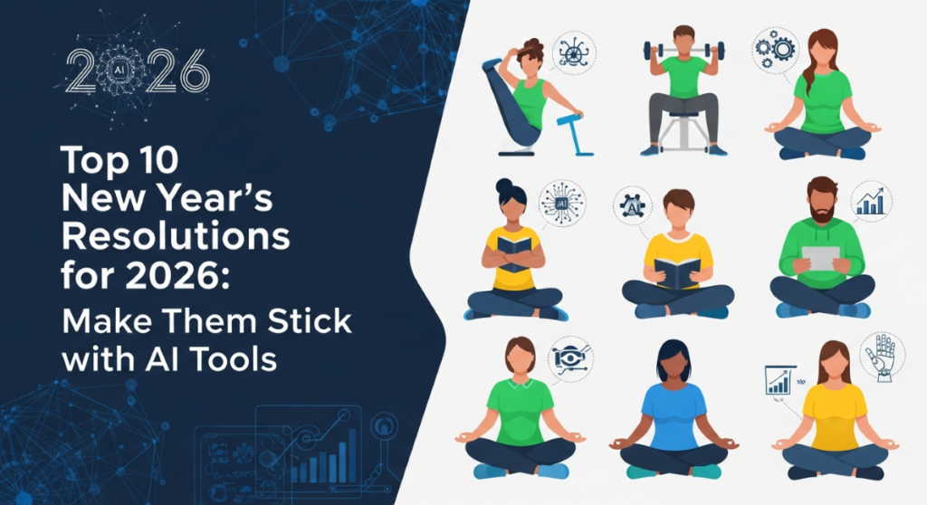 An infographic titled 'Top 10 New Year's Resolutions for 2026: Make Them Stick with AI Tools' showing various people exercising, reading, and meditating, with small icons representing artificial intelligence and data tracking next to them.
