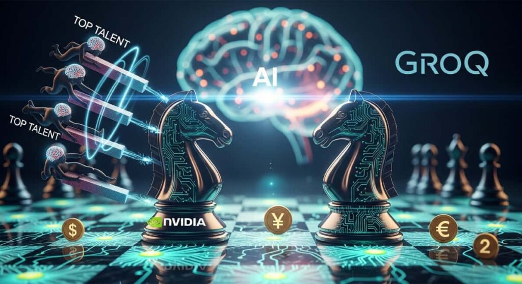 A conceptual digital illustration of a high-stakes AI competition on a glowing, circuit-patterned chessboard. Two metallic knight pieces face each other; one is branded with the NVIDIA logo, while the word 'GROQ' appears in the background. Small human figures labeled 'TOP TALENT' are being launched like projectiles toward the board. In the center background, a large glowing digital brain is labeled 'AI,' and various currency symbols (Dollar, Yen, Euro) are scattered across the board, symbolizing the global tech and financial battle for dominance.