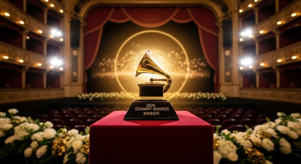A golden Grammy Award trophy engraved with '2026 GRAMMY AWARDS WINNER' placed on a red velvet pedestal. The trophy is set against the backdrop of a grand, empty theater with red curtains, elegant balconies, and warm glowing lights.