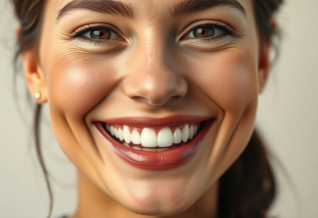 Close-up of a smiling adult showing natural, perfectly aligned teeth, representing dental veneers for missing teeth.