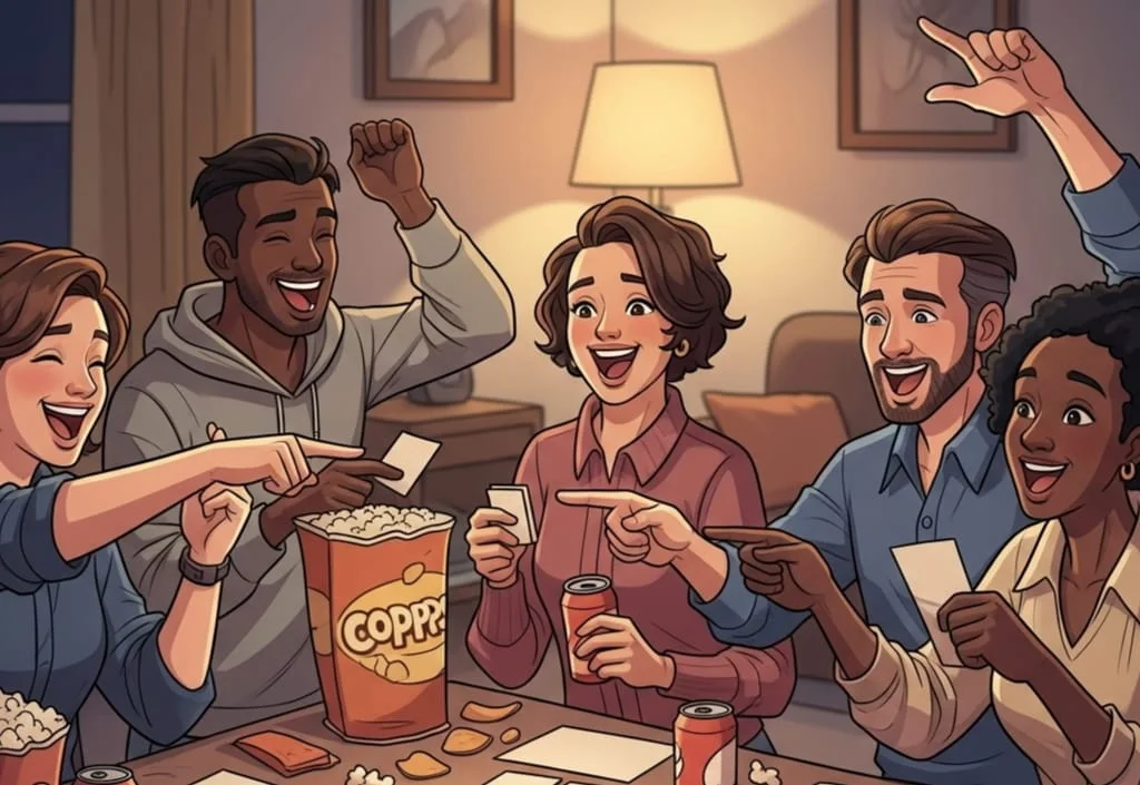 A group of friends enjoying a fun game night with hilarious card games like Cards Against Humanity, laughing and playing around a table with snacks and drinks.