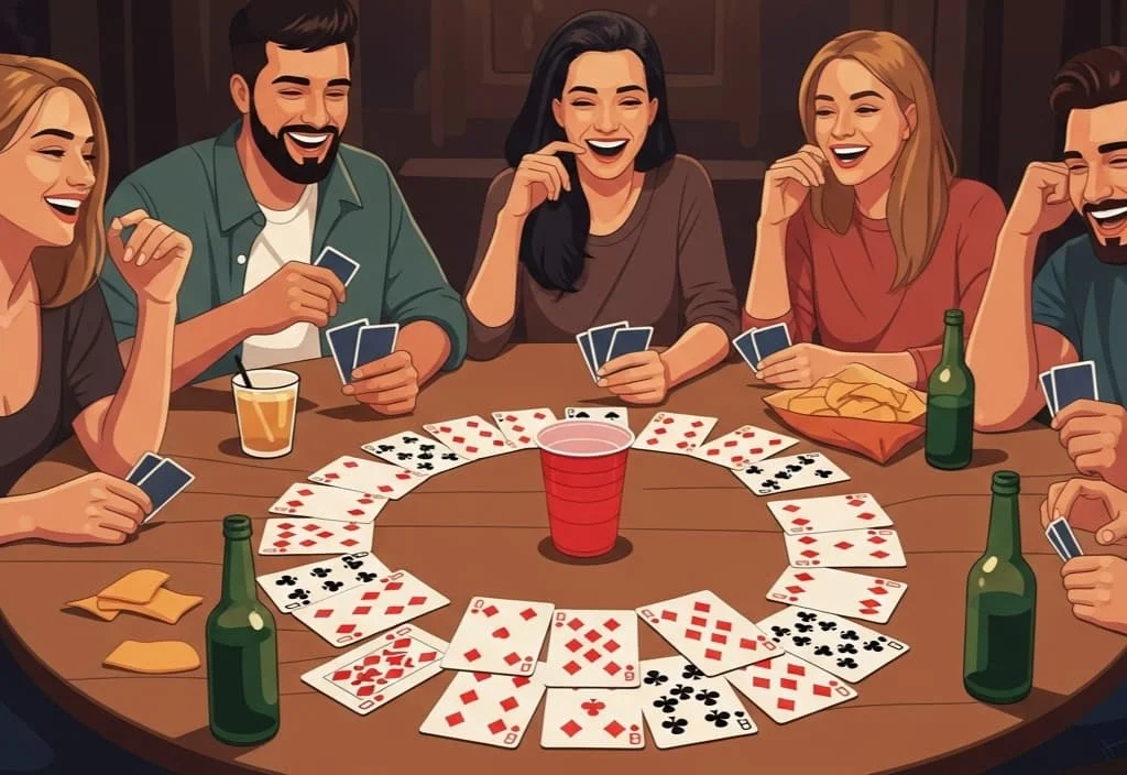 Players gathered around a table, following the rules for Circle of Death card game with drinks and cards in a circle.