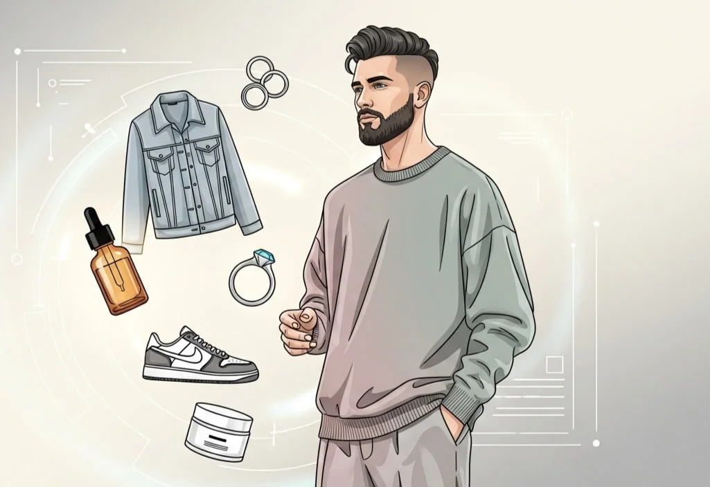 Lifestyle Grooming Digital Creator Fashion concept showing a stylish male creator surrounded by grooming and fashion icons in a modern illustrated setting