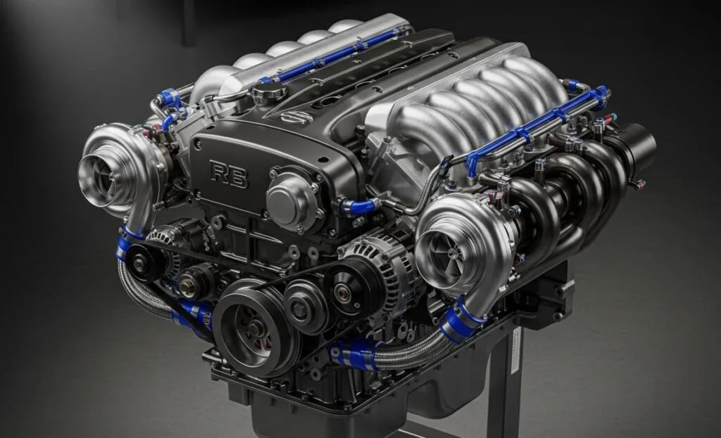 Front facing plenum on a Nissan RB engine intake manifold with clean metallic design