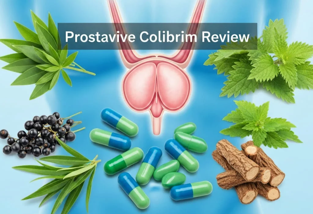 Prostavive Colibrim Review graphic showing capsules, herbs (nettle, licorice), and an illustration of the prostate gland.