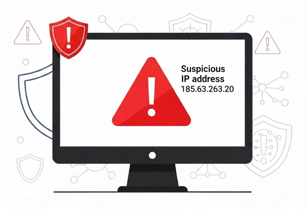 Illustration of a computer screen with a red warning sign, representing the suspicious IP address 185.63.263.20 and cybersecurity risk.