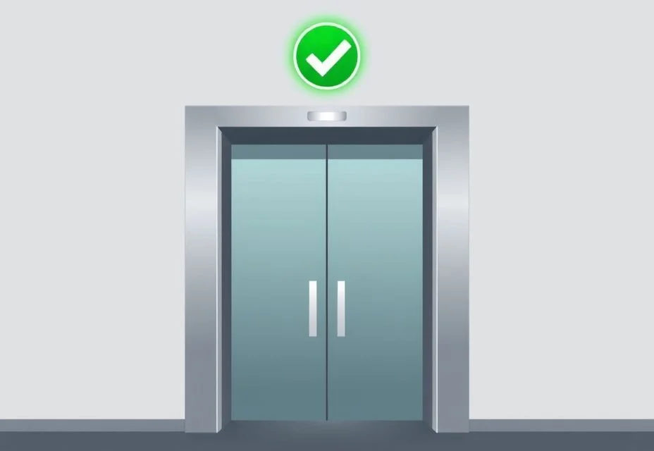 An illustration of a modern elevator with a green check sign, showing this sign shows when a lift is safe to use, in a simple vector style.