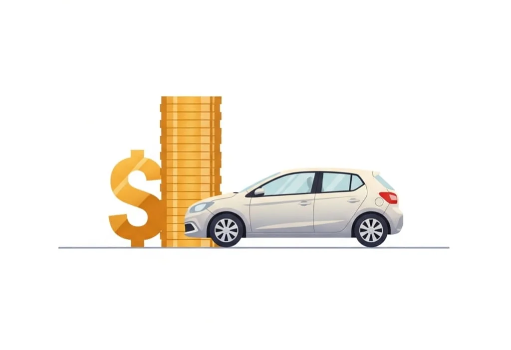 Illustration of a car beside coins representing an auto equity loan and vehicle financing concept.