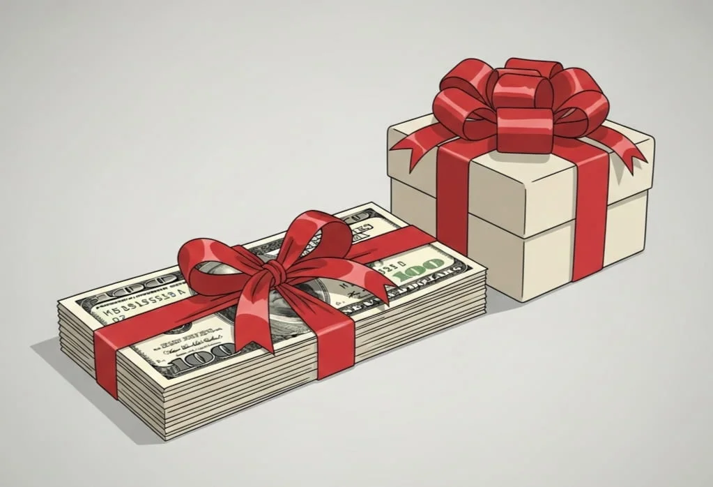 Stack of cash with red ribbon and a small gift box representing Christmas loans and holiday finances.