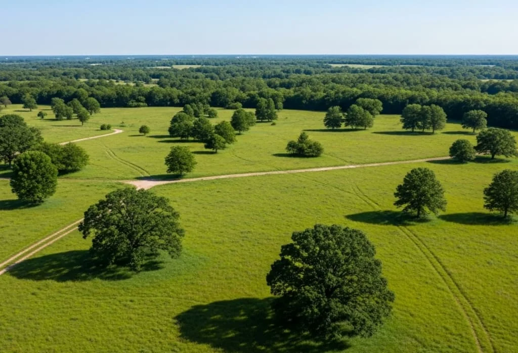 Aerial view of a green plot of land representing land equity loan opportunities for development or investment.