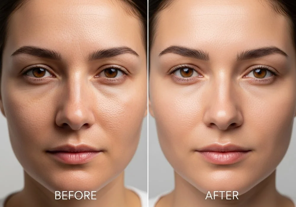 Microneedling before and after comparison showing a woman’s face with smoother texture, reduced pores, and brighter skin under natural light.