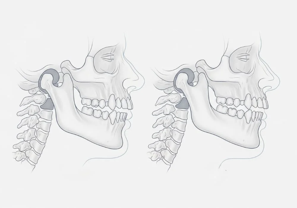 Simple medical illustration showing before and after jaw alignment from orthognathic surgery.