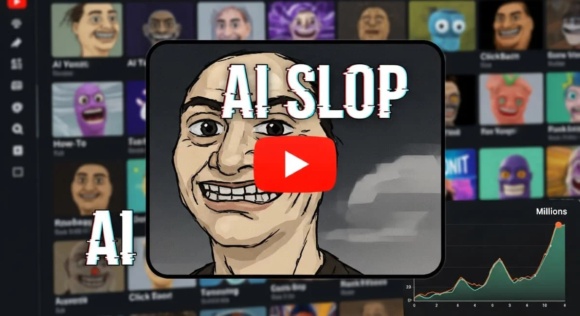 Illustration showing a creepy AI-generated face with the YouTube play button, representing the rise of low-quality AI slop content flooding YouTube feeds and generating millions of views.
