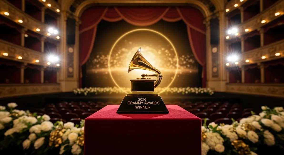 A golden Grammy Award trophy engraved with '2026 GRAMMY AWARDS WINNER' placed on a red velvet pedestal. The trophy is set against the backdrop of a grand, empty theater with red curtains, elegant balconies, and warm glowing lights.